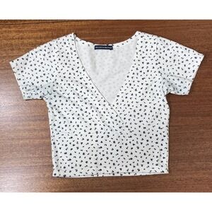 Brandy Melville White Navy Blue Floral Wrap Crop Top V-Neck Italy Boho Summer 16